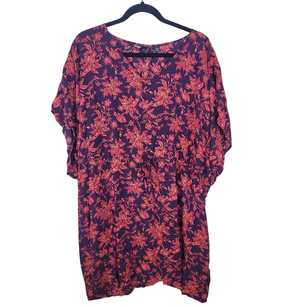 Lands End Floral Tunic Top M-L Navy Coral Pink Boho Short Sleeve Women's Blouse